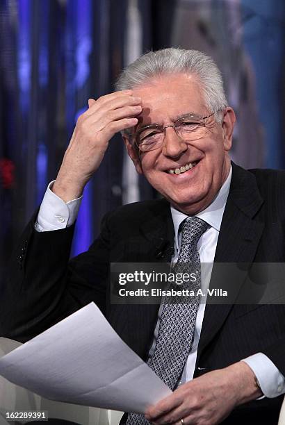 Italian Prime Minister Mario Monti during filming for the 'A Porta A Porta' TV Show on February 21, 2013 in Rome, Italy. Mario Monti, leader of a...