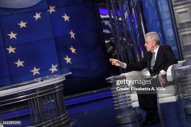 Italian Prime Minister Mario Monti during filming for the 'A Porta A Porta' TV Show on February 21, 2013 in Rome, Italy. Mario Monti, leader of a...