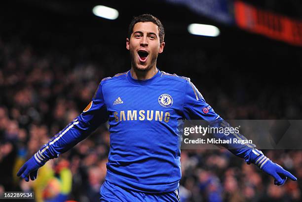 Eden Hazard of Chelsea celebrates his goal during the UEFA Europa League Round of 32 second leg match between Chelsea and Sparta Praha at Stamford...