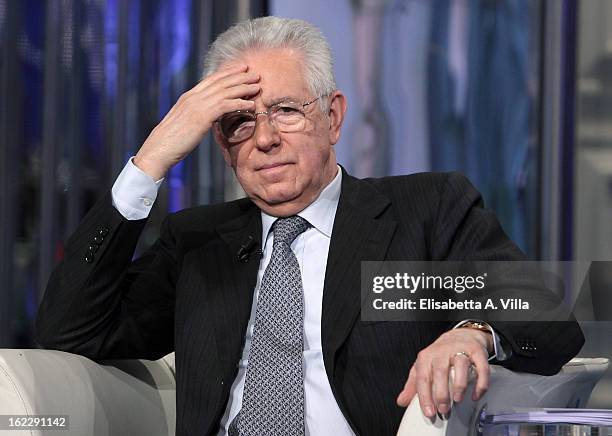 Italian Prime Minister Mario Monti during filming for the 'A Porta A Porta' TV Show on February 21, 2013 in Rome, Italy. Mario Monti, leader of a...