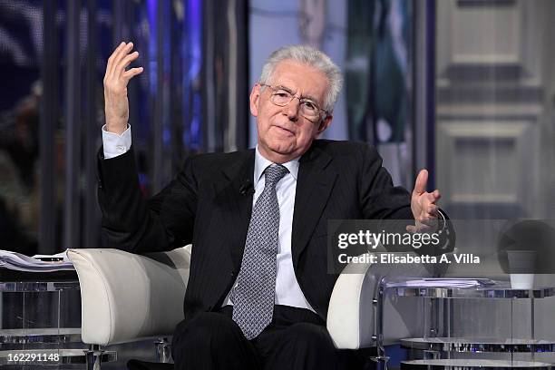 Italian Prime Minister Mario Monti during filming for the 'A Porta A Porta' TV Show on February 21, 2013 in Rome, Italy. Mario Monti, leader of a...