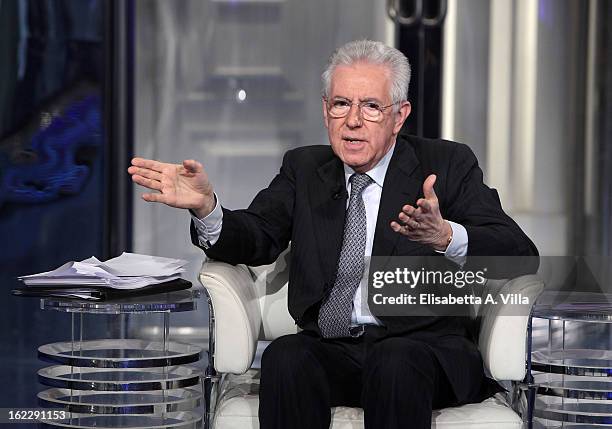 Italian Prime Minister Mario Monti during filming for the 'A Porta A Porta' TV Show on February 21, 2013 in Rome, Italy. Mario Monti, leader of a...