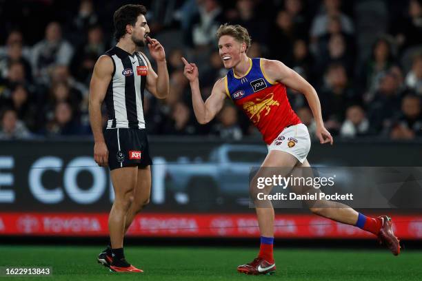 Jaspa Fletcher of the Lions celebrates kicking a goal during the round 23 AFL match between Collingwood Magpies and Brisbane Lions at Marvel Stadium,...