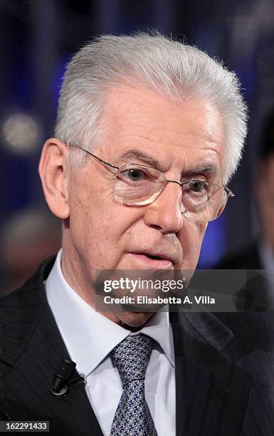 Italian Prime Minister Mario Monti during filming for the 'A Porta A Porta' TV Show on February 21, 2013 in Rome, Italy. Mario Monti, leader of a...