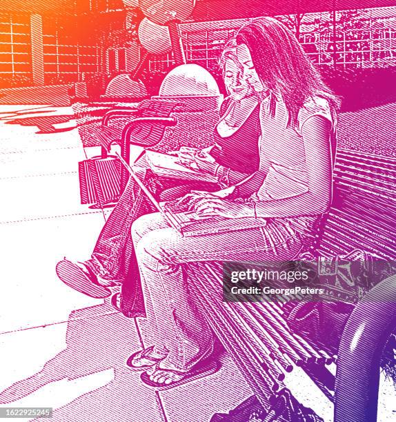 two female students studying stem on university campus - college studying outside stock illustrations