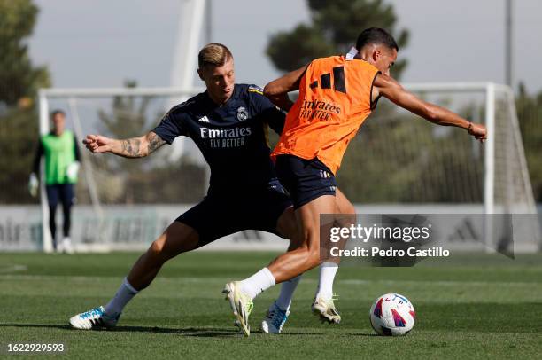 Lucas Vázquez and Toni Kroos players of Real Madrid are training at Valdebebas training ground on August 18, 2023 in Madrid, Spain.