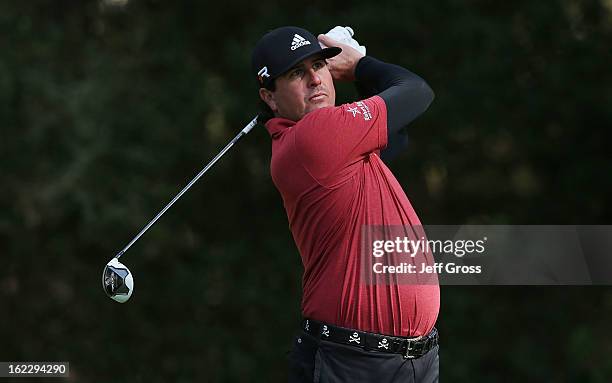 Pat Perez hits a shot during the second round of the AT&T Pebble Beach National Pro-Am at Spyglass Hill on February 8, 2013 in Pebble Beach,...