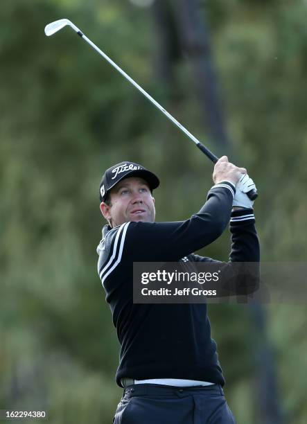 Erik Compton hits a shot during the second round of the AT&T Pebble Beach National Pro-Am at Spyglass Hill on February 8, 2013 in Pebble Beach,...