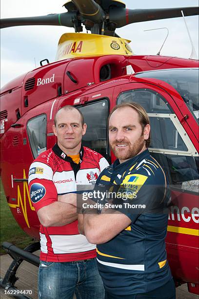 Rugby players Mike Tindall and Andy Goode attend a photocall to announce them as ambassadors for The Midlands Air Ambulance charity at Strensham Air...