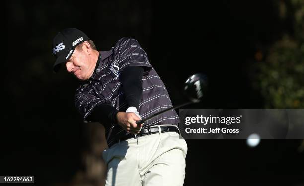 Jeff Maggert hits a shot during the second round of the AT&T Pebble Beach National Pro-Am at Spyglass Hill on February 8, 2013 in Pebble Beach,...