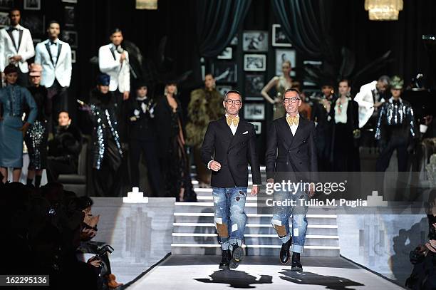 Designers Dean and Dan Caten aknowledge the applause of the audience after the runway at the DSquared2 fashion show during Milan Fashion Week...