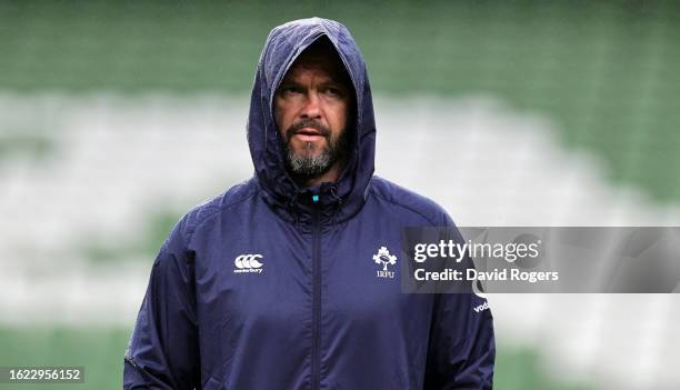 Andy Farrell, the Ireland head coach looks on during the Ireland captain's run at the Aviva Stadium on August 18, 2023 in Dublin, Ireland.