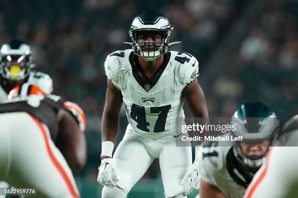 Myles Jack of the Philadelphia Eagles in action against the Cleveland Browns during the preseason game at Lincoln Financial Field on August 17, 2023...