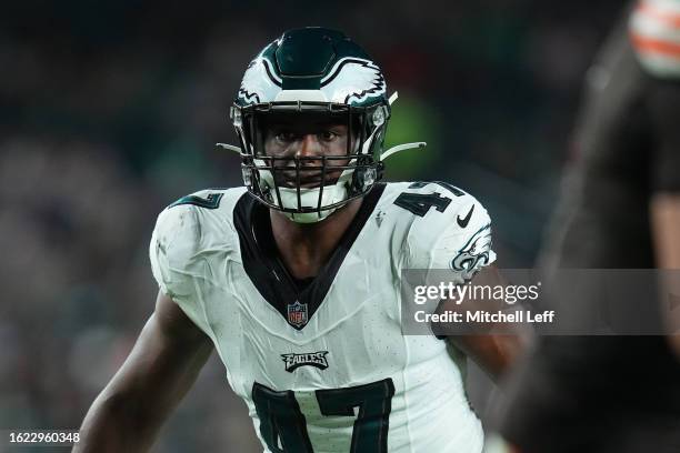 Myles Jack of the Philadelphia Eagles looks on against the Cleveland Browns during the preseason game at Lincoln Financial Field on August 17, 2023...