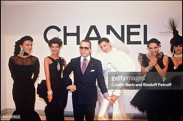 Ines de la Fressange and Karl Lagerfeld's Models at the Chanel 1988 Fall/Winter Collection in Paris.