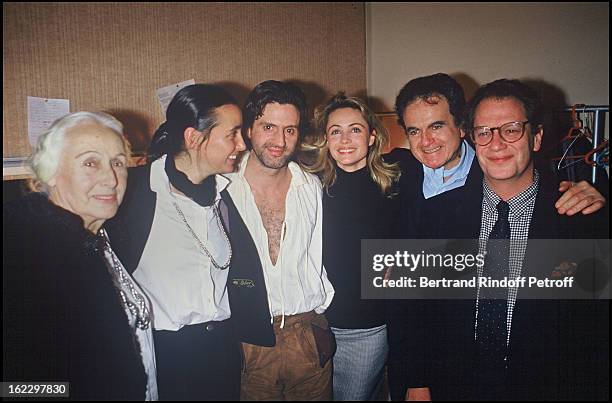 Emmanuelle Beart after La Double Inconstance Dress Rehearsal at the Theatre de l'Atelier, with her mother Genevieve Galea, her grandmother and father...