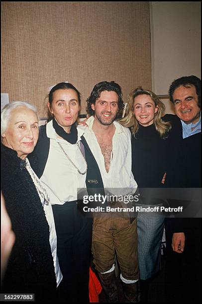 Emmanuelle Beart after La Double Inconstance Dress Rehearsal at the Theatre de l'Atelier, with her mother Genevieve Galea, her grandmother and father...