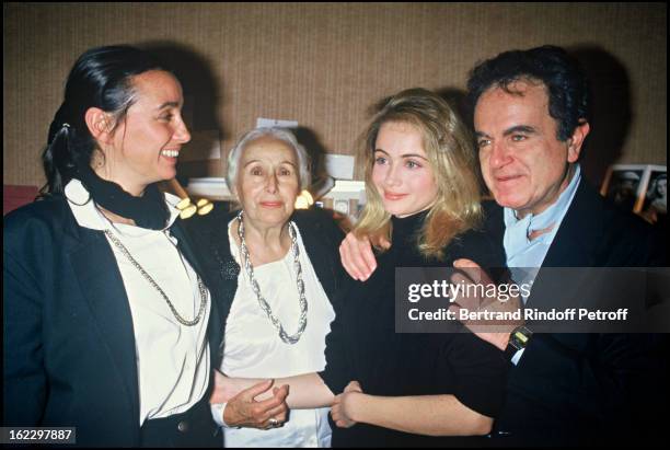 Emmanuelle Beart after La Double Inconstance Dress Rehearsal at the Theatre de l'Atelier, with her mother Genevieve Galea, her grandmother and father...