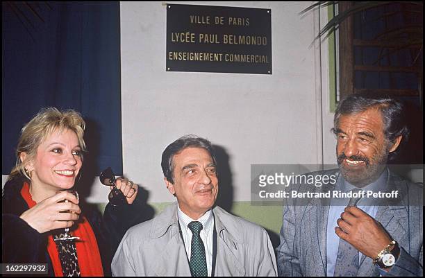 Jean-Paul Belmondo, his brother Alain and sister Muriel at the opening of a High School Named "Jean-Paul Belmondo" in 1988.