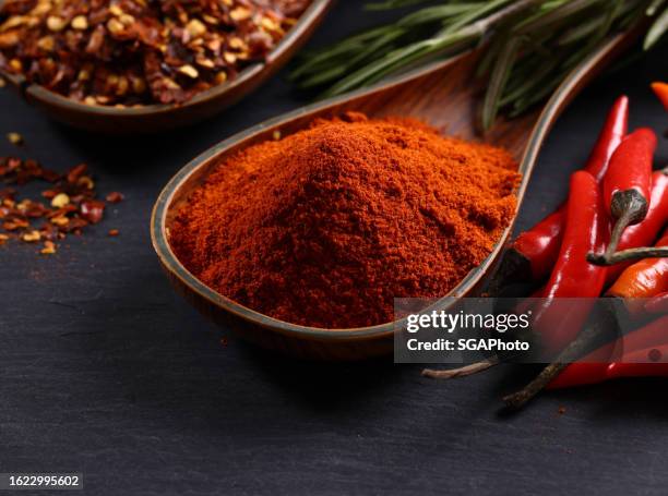 pimientos rojos, frescos secos y molidos a polvo - páprika fotografías e imágenes de stock