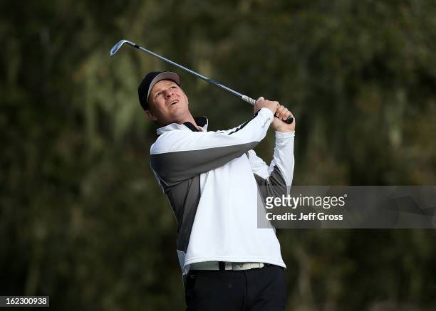 San Francisco Giants pitcher Matt Cain hits a shot during the first round of the AT&T Pebble Beach National Pro-Am at the Monterey Peninsula Country...