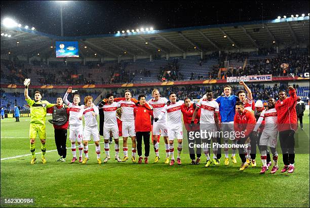 VfB Stuttgart players celebrate victory after celebrates the win with teammates pictured during the UEFA Europa League round of 32 second leg match...