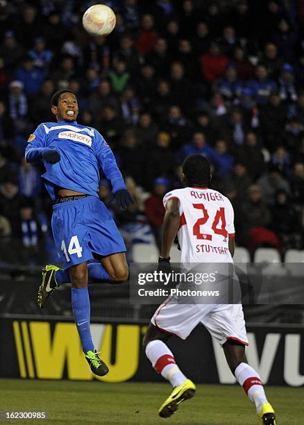 Glynor Plet of KRC Genk wins the ball in the air during the UEFA Europa League round of 32 second leg match between Racing Genk and VfB Stuttgart in...