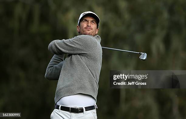 Actor Oliver Hudson hits a shot during the first round of the AT&T Pebble Beach National Pro-Am at the Monterey Peninsula Country Club on February 7,...