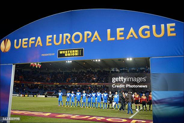 The Genk team line up before the UEFA Europa League round of 32 second leg match between Racing Genk and VfB Stuttgart in Cristal Arena on February...