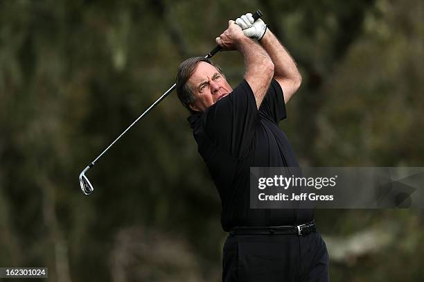 New England Patriots Head Coach Bill Belichick hits a shot during the first round of the AT&T Pebble Beach National Pro-Am at the Monterey Peninsula...