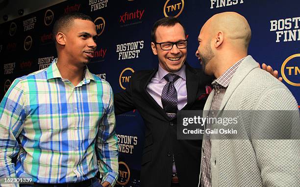 Diamantino Araujo, Donnie Wahlberg and Manny Canuto attend TNT's "Boston's Finest" premiere screening at The Revere Hotel on February 20, 2013 in...