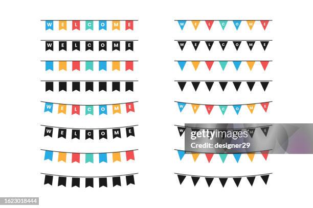 bildbanksillustrationer, clip art samt tecknat material och ikoner med welcome celebration garlands set vector design on white background. - vimpel