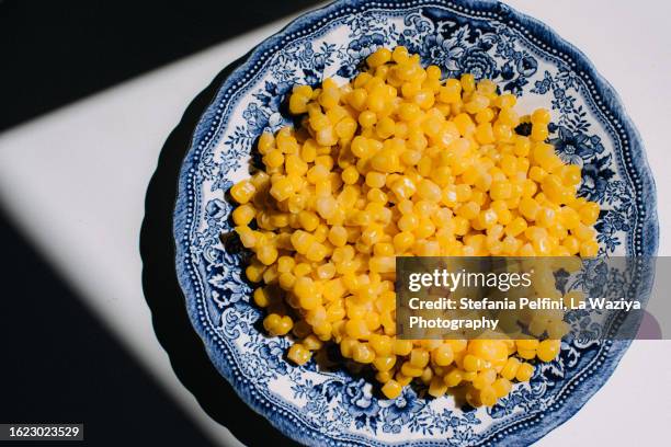 sweet corn on plate - grain de maïs photos et images de collection