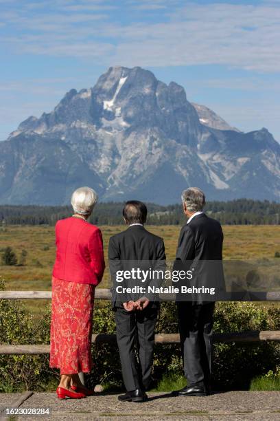 President of the European Central Bank Christine Lagarde , Bank of Japan Gov. Kazuo Ueda , and chair of the Federal Reserve Jerome Powell speak in...