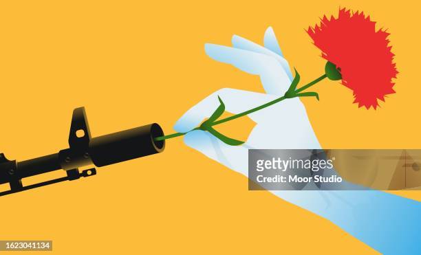 hand, die eine blume in eine waffenvektorillustration setzt. - carnation flower stock-grafiken, -clipart, -cartoons und -symbole