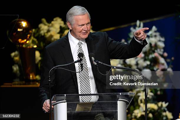 Jerry West, former Los Angeles Lakers player, coach and general manager, speaks during a memorial service for Lakers owner Dr. Jerry Buss at the...