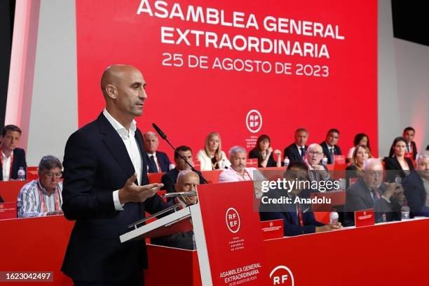 Luis Rubiales, President of the Spanish Football Federation , speaks during the extraordinary meeting of the General Assembly of the Spanish Football...