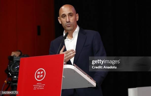 Luis Rubiales, President of the Spanish Football Federation , speaks during the extraordinary meeting of the General Assembly of the Spanish Football...