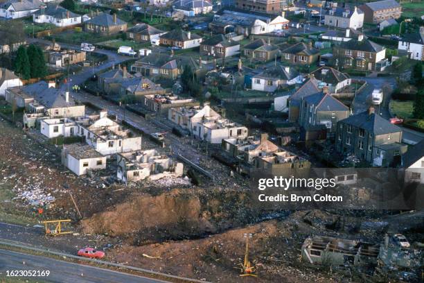 Aircraft debris and destroyed houses in Sherwood Crescent following the mid-air explosion of Pan Am's flight 103, Clipper Maid of the Seas over the...