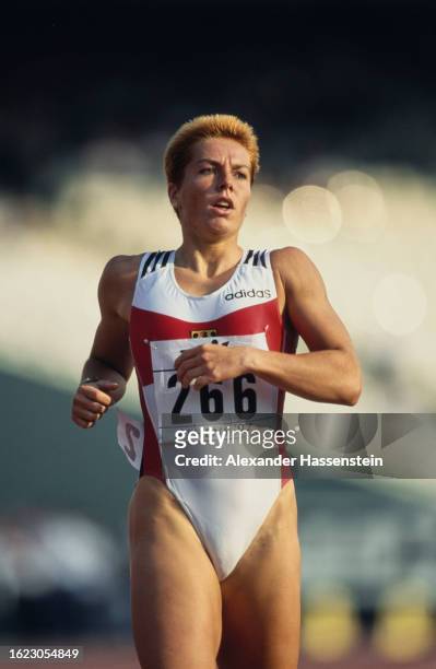 German athlete Grit Breuer during the women's 400 metres event of the 1997 IAAF World Championships, held at the Olympic Stadium in Athens, Greece,...