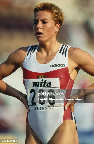 German athlete Grit Breuer during the women's 400 metres event of the 1997 IAAF World Championships, held at the Olympic Stadium in Athens, Greece,...