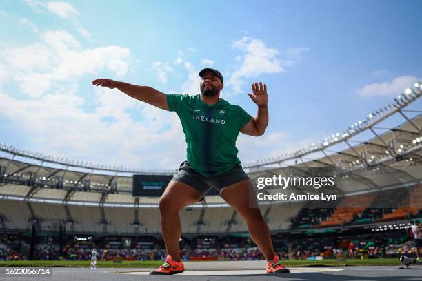 Eric Favors of Team Ireland warms up during a shot put training session ahead of the World Athletics Championships Budapest 2023 on August 18, 2023...