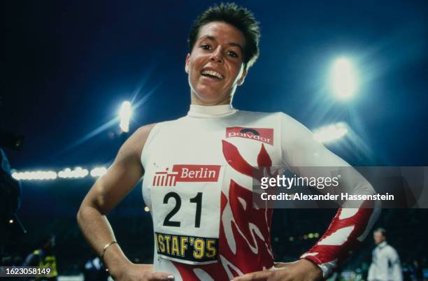 German athlete Grit Breuer at the 1995 Internationales Stadionfest athletics meeting, held at the Olympiastadion in Berlin, Germany, 1st September...