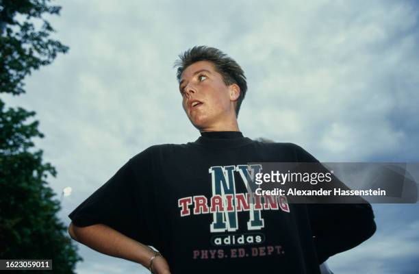 German athlete Grit Breuer, wearing a black adidas 'NY Training t-shirt, as she prepares for her return to racing following a two-year ban, in Konigs...