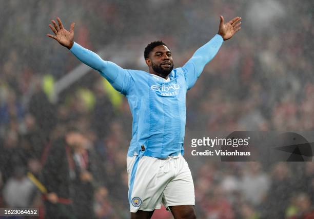 Sky Sports pundit Micah Richards during filming of a penalty shoot out for tv show 'A League Of Their Own' during the half time break at the Premier...