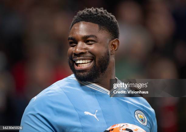 Sky Sports pundit Micah Richards during filming of a penalty shoot out for tv show 'A League Of Their Own' during the half time break at the Premier...