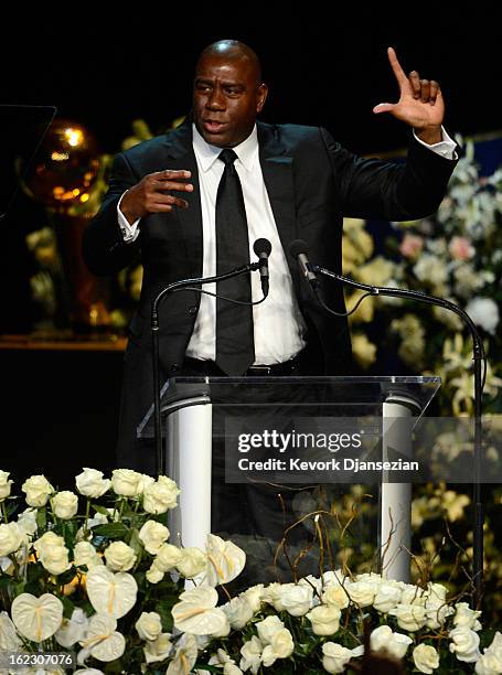 Earvin 'Magic' Johnson speaks during a memorial service for Los Angeles Lakers owner Dr. Jerry Buss at the Nokia Theatre L.A. Live on February 21,...