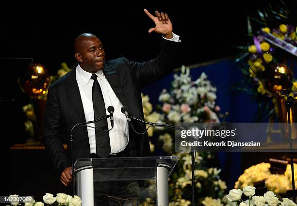 Earvin 'Magic' Johnson speaks during a memorial service for Los Angeles Lakers owner Dr. Jerry Buss at the Nokia Theatre L.A. Live on February 21,...