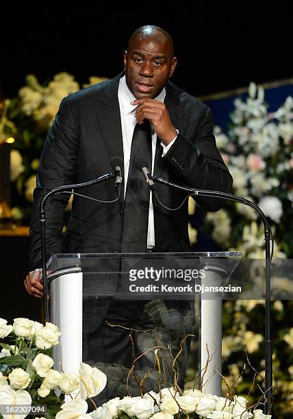 Earvin 'Magic' Johnson speaks during a memorial service for Los Angeles Lakers owner Dr. Jerry Buss at the Nokia Theatre L.A. Live on February 21,...
