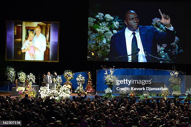 Earvin 'Magic' Johnson speaks during a memorial service for Los Angeles Lakers owner Dr. Jerry Buss at the Nokia Theatre L.A. Live on February 21,...